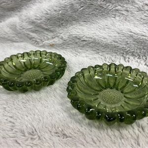 2 Vintage Hazel Atlas Sunflower Daisy Olive Green Dish Trinket Ashtray